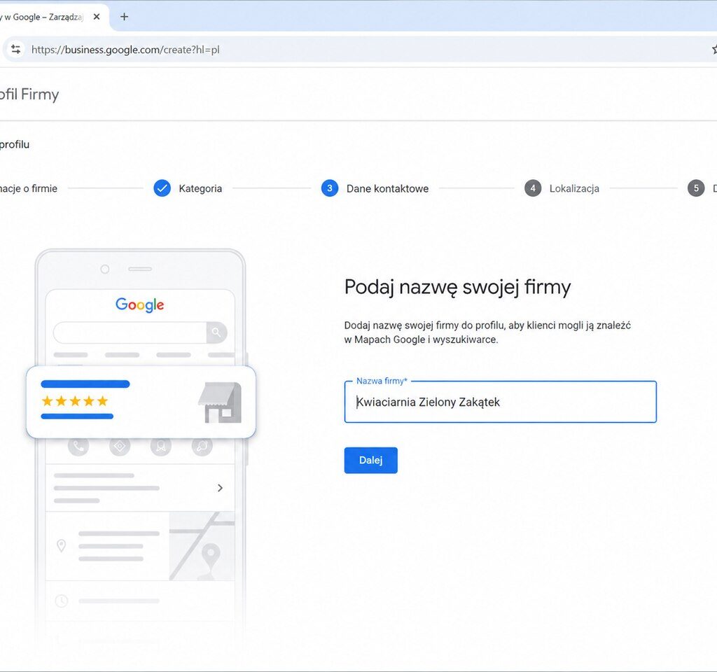 wpisywanie nazwy firmy w wizytówce Google