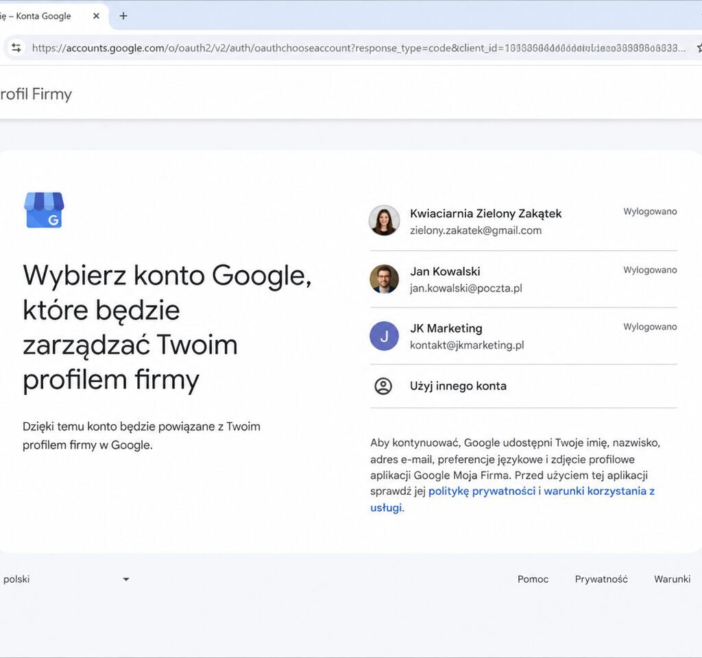 wybór konta Google do zarządzania wizytówką firmy