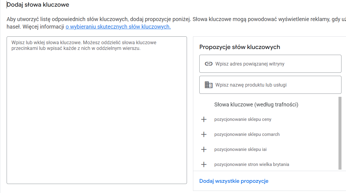 google ads słowa kluczowe